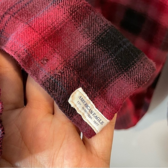 American Eagle Plaid Flannel Shirt Sm Red Boyfriend Fit Amazingly Soft Longline - Picture 9 of 12